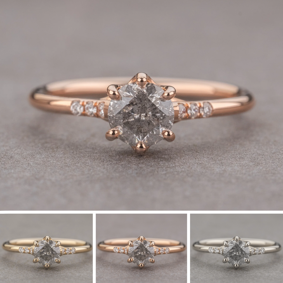 1.11 Carat Salt and Pepper Round Diamond Engagement Ring, Madeline Setting
