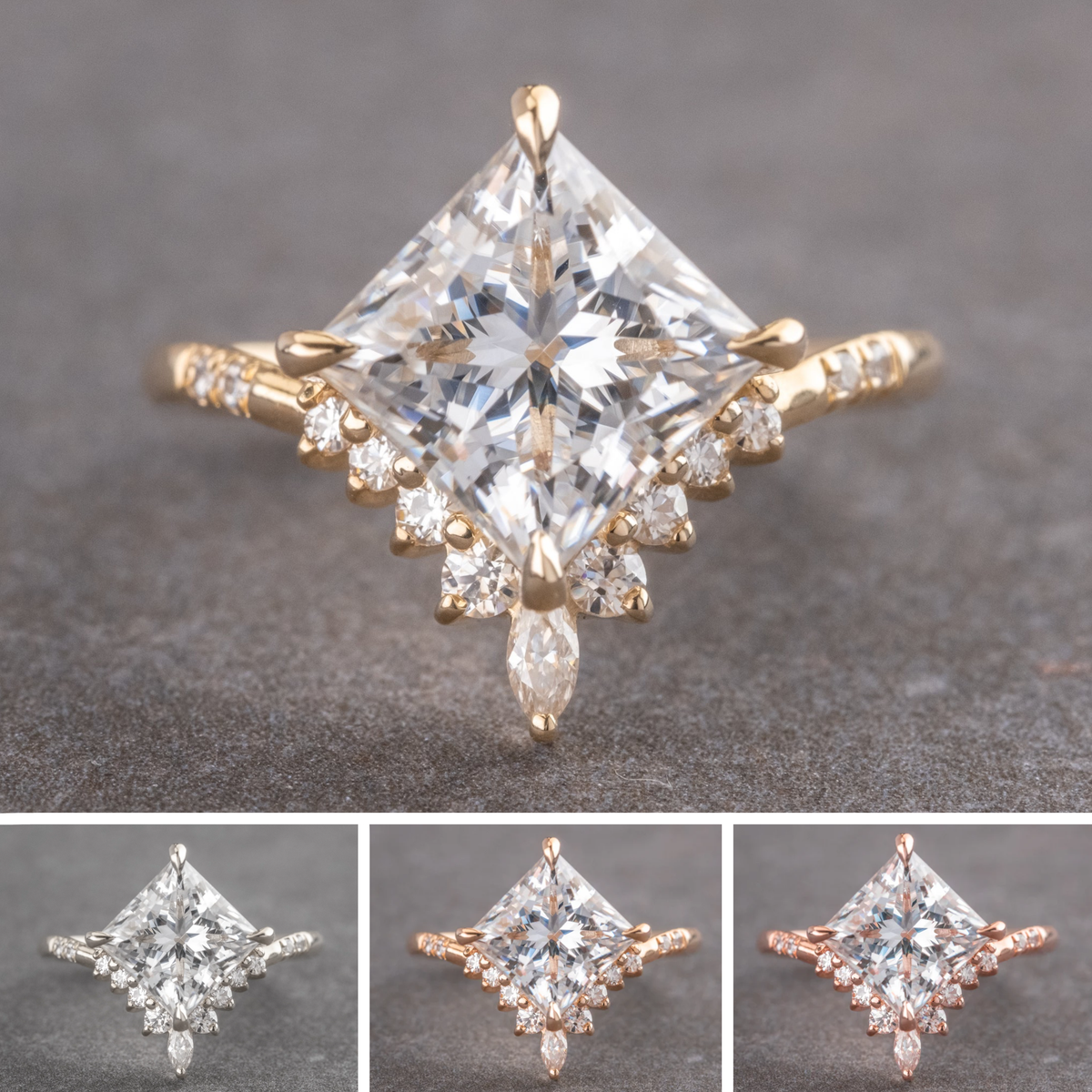 1.91 Carat Princess Cut Moissanite and Diamond Engagement Ring, Flora Setting