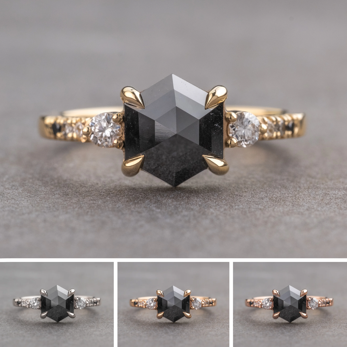 1.87 Carat Black Hexagon Diamond Engagement Ring, Ombre Eliza Setting