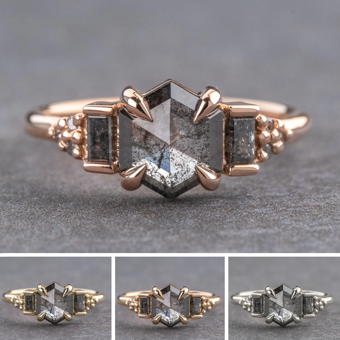 .98 Carat Black Speckled Hexagon Diamond Engagement Ring, Dahlia Setting