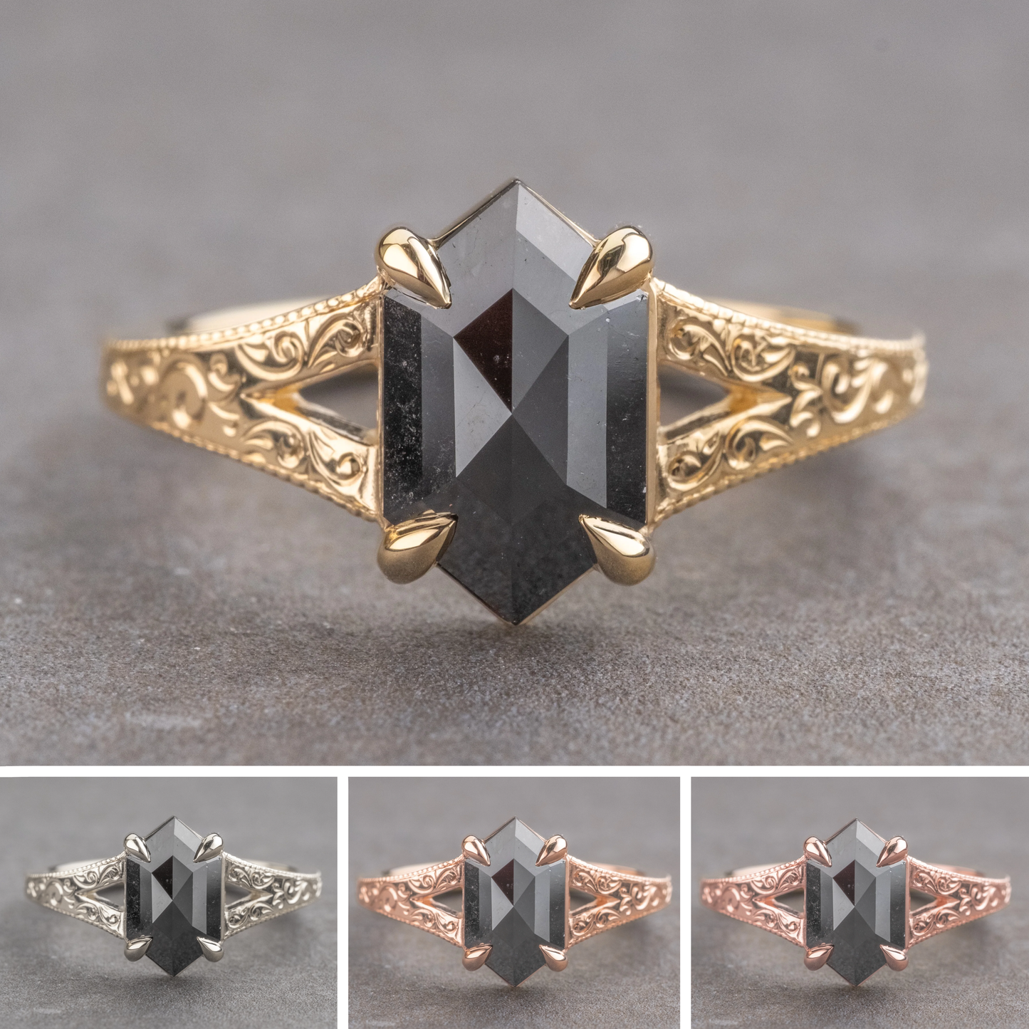 1.41 Carat Black Hexagon Diamond Engagement Ring, Engraved Split Shank Jane