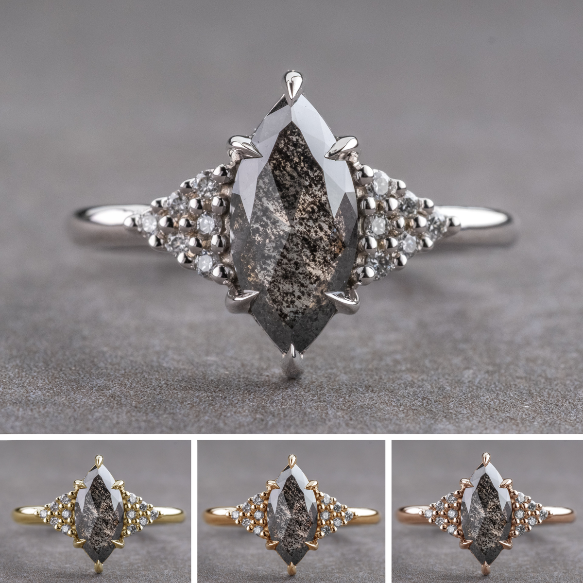 2.09 Carat Black Salt and Pepper Marquise Diamond Engagement Ring, Quinn Setting