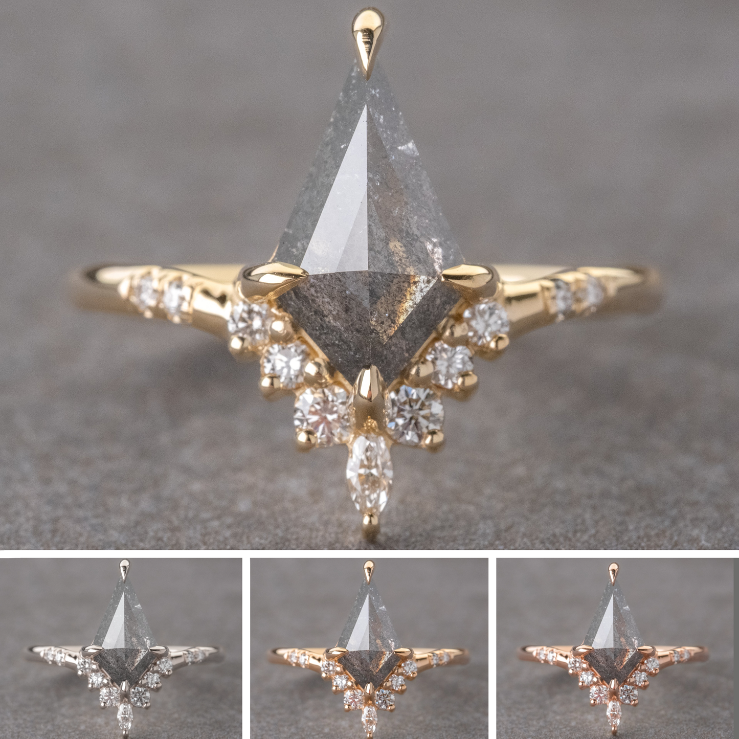 1.33 Carat Salt and Pepper Kite Diamond Engagement Ring, Flora Setting