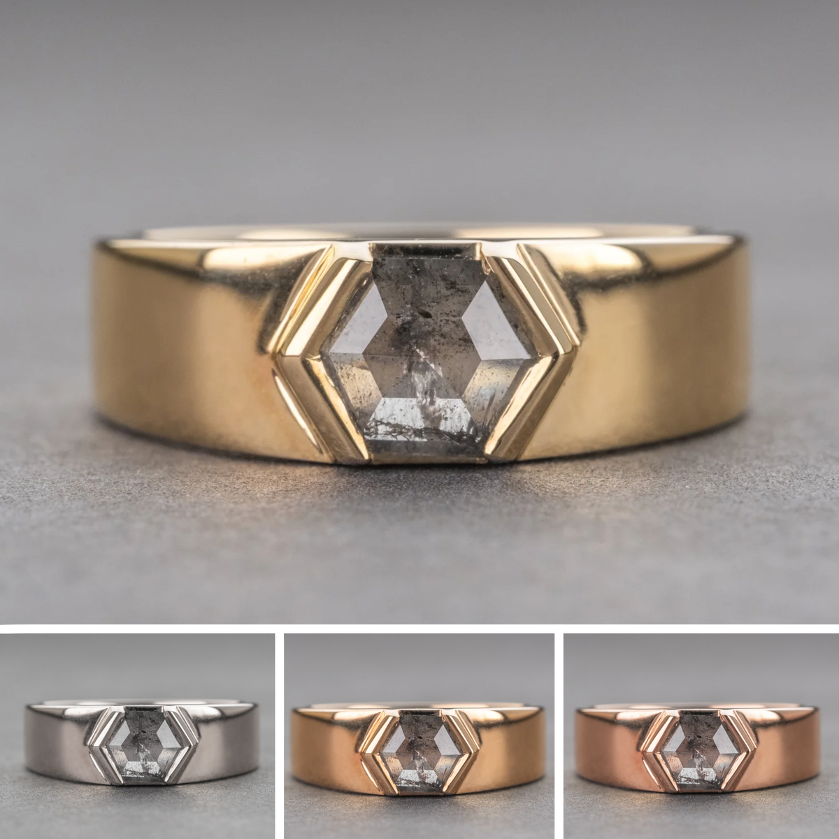 1.32 Carat Salt and Pepper Hexagon Diamond Engagement Ring, Cygnus Setting