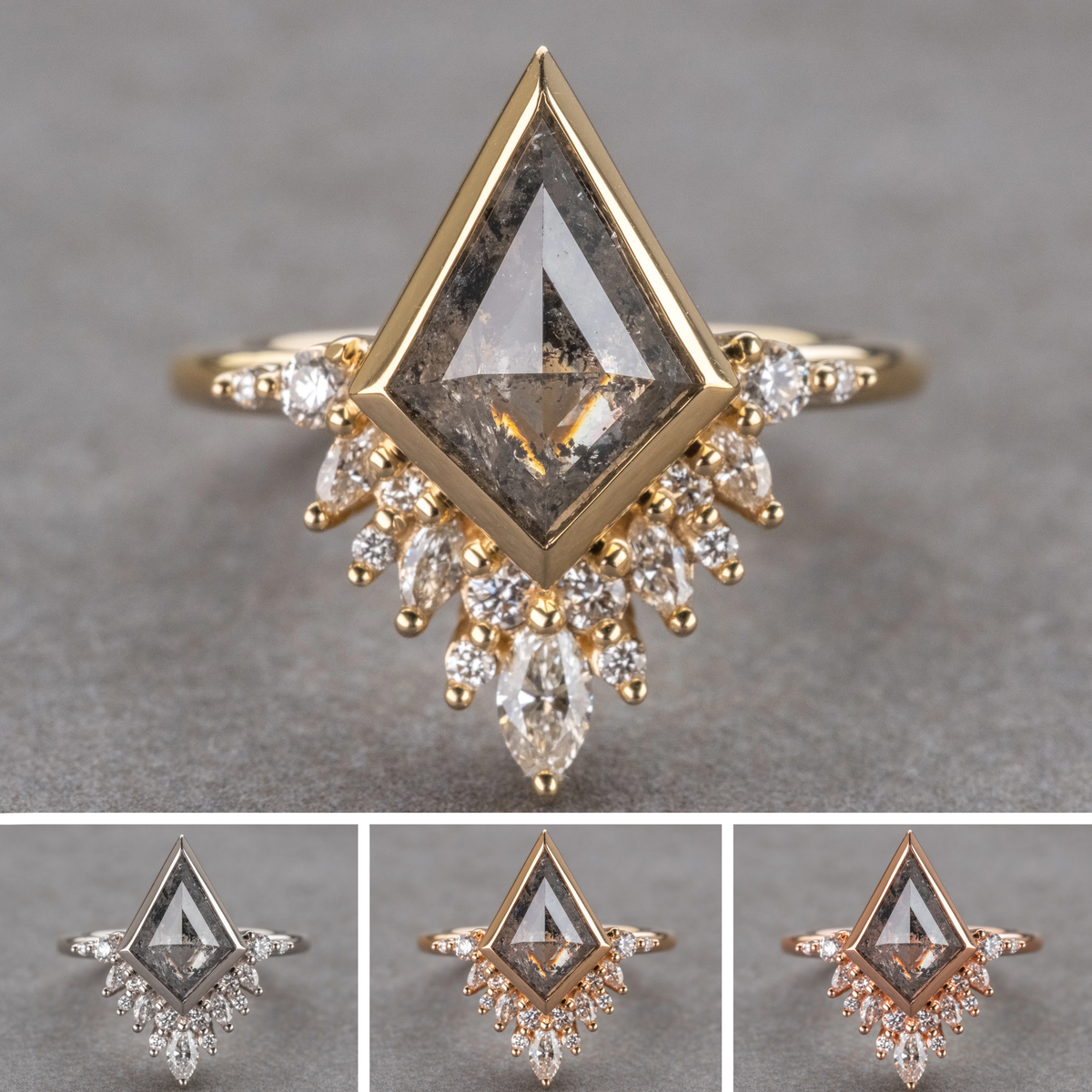 2.08 Carat Salt and Pepper Kite Diamond Engagement Ring, Bezel Aubrey Setting