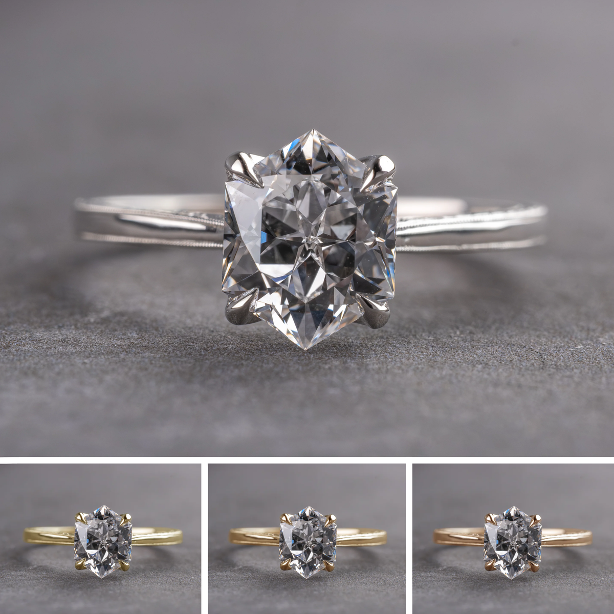 Hexagon Lab Diamond Engagement Ring, Engraved Tulip Setting
