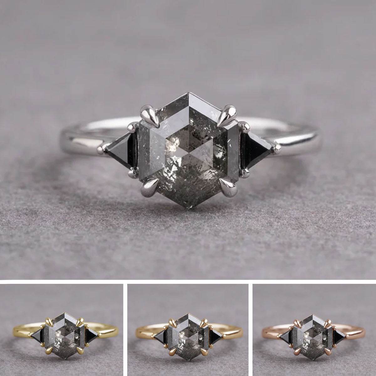 2.16 Carat Salt and Pepper Hexagon Diamond Engagement Ring, Zoe Setting