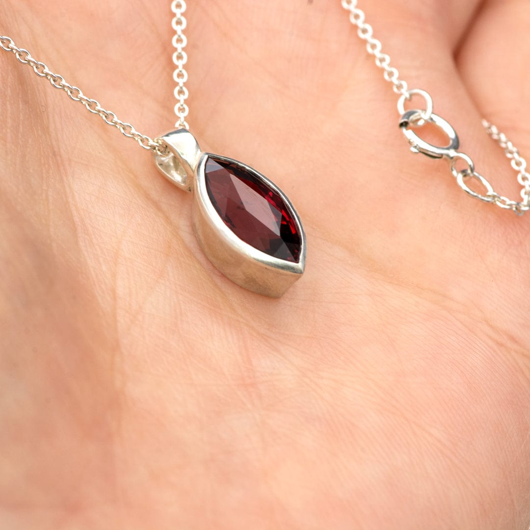 Marquise Garnet Bezel Set Sterling Silver Pendant Necklace
