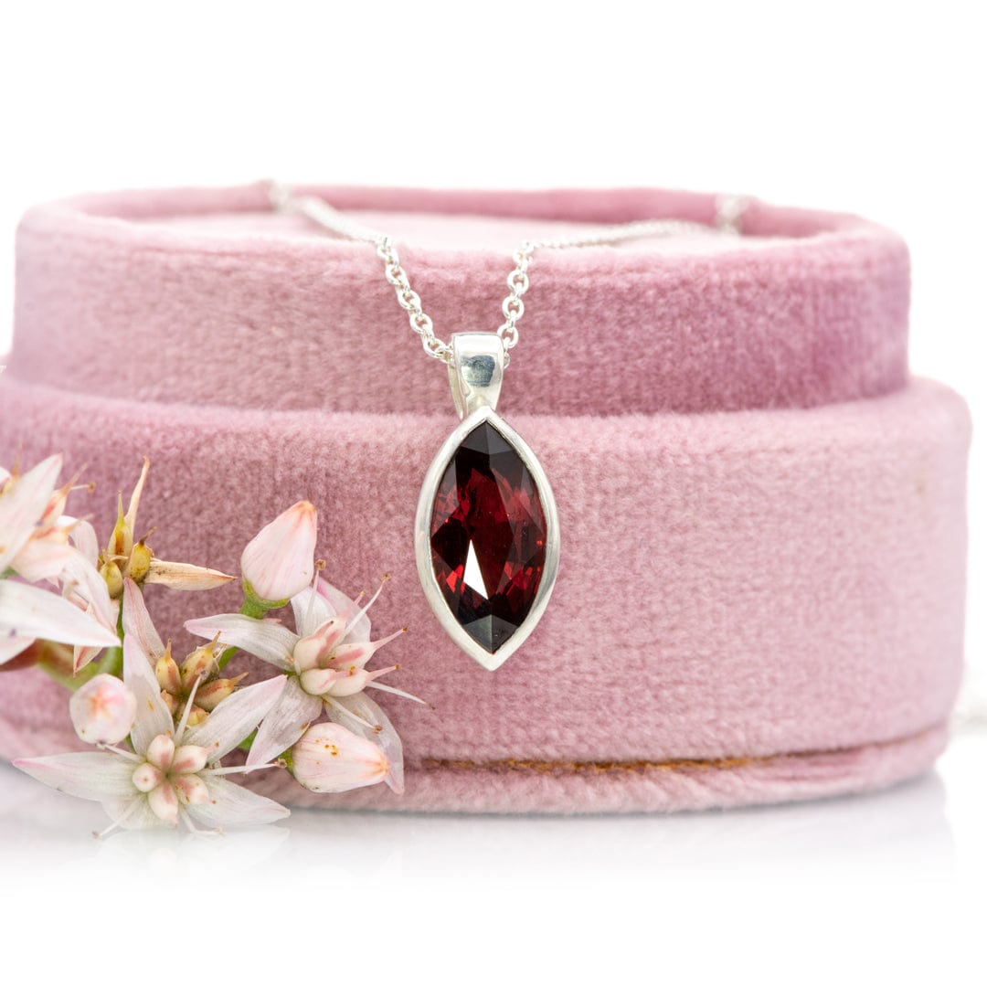 Marquise Garnet Bezel Set Sterling Silver Pendant Necklace