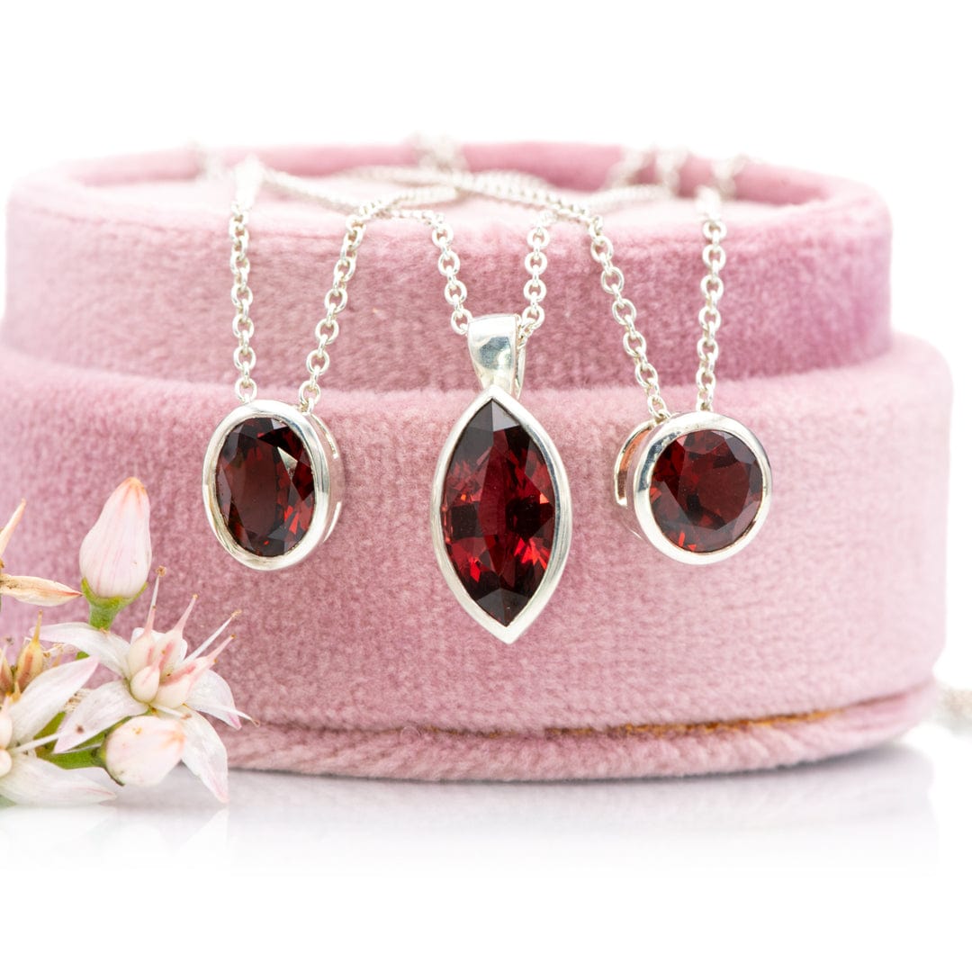 Marquise Garnet Bezel Set Sterling Silver Pendant Necklace