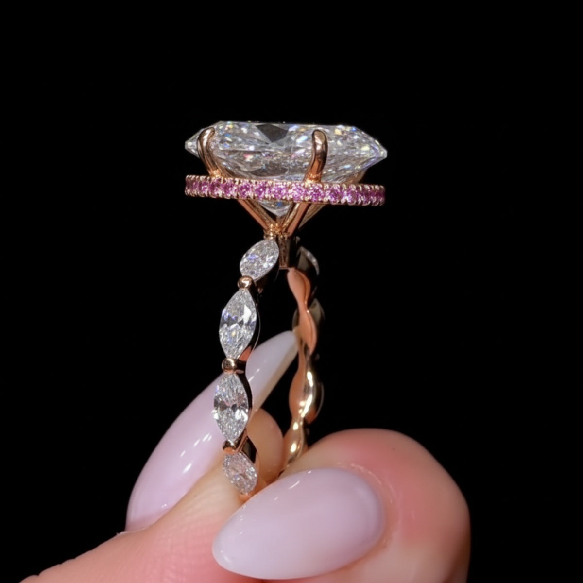 Breathtaking 5.5ct Oval Cut Marquise Bubble Band & Pink Halo Engagement Ring In Sterling Silver