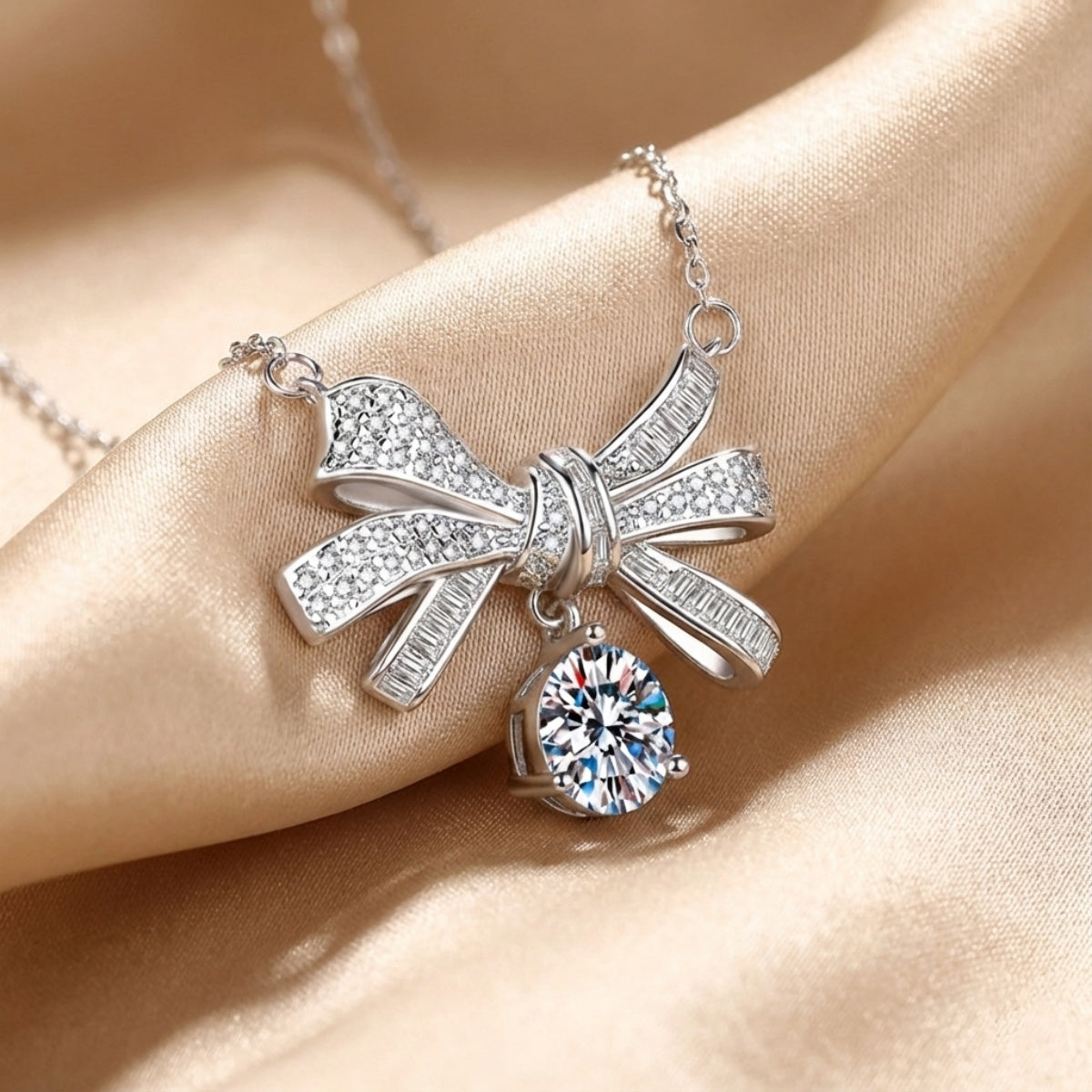 Moissanite Round Cut Bowknot 925 Sterling Silver Necklace
