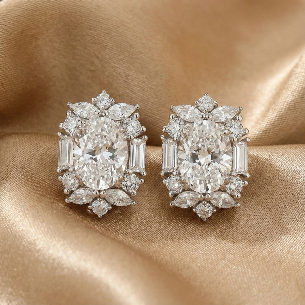 Solarii Cluster Halo Oval Cut Stud Earrings In Sterling Silver