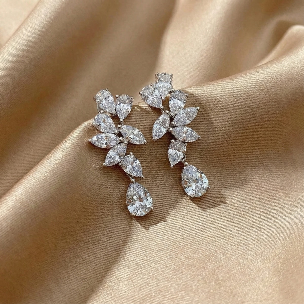 Solarii Floral Cluster White Stone Pear Cut Drop Earrings In Sterling Silver