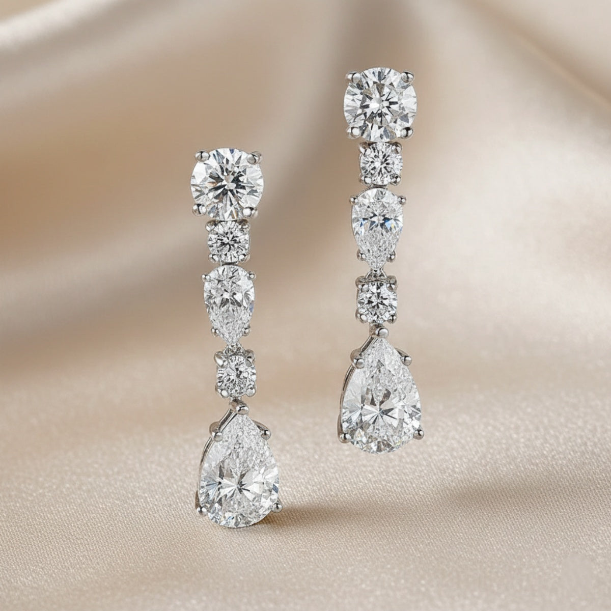 Solarii Linear White Stone Round and Pear Cut Drop Earrings In Sterling Silver