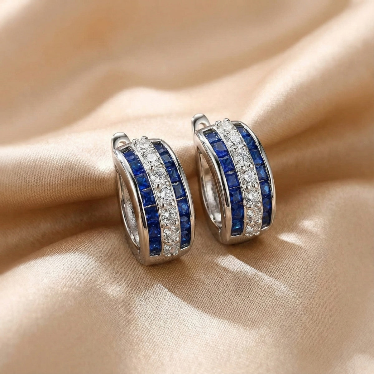 Solarii Triple Row White Stone Round and Princess Cut Huggie Hoop Earrings In Sterling Silver