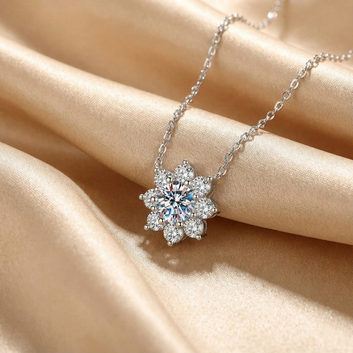 Moissanite Round Cut Flower 925 Sterling Silver Necklace