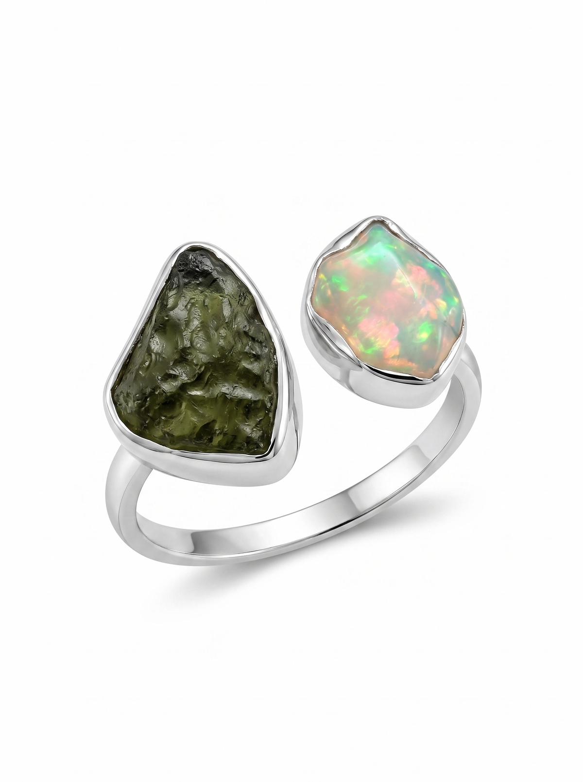 Czech Moldavite , Ethiopian opal Raw Natural Gemstone With Natural Garnet 925 Solid Sterling Silver Handmade Adjustable Ring