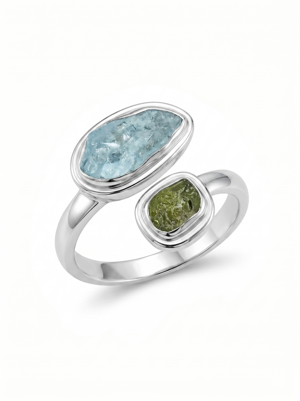 Authentic Czech Republic Moldavite Rough and Aquamarine Gemstone 925 Solid Sterling Silver Handmade Ring Jewelry