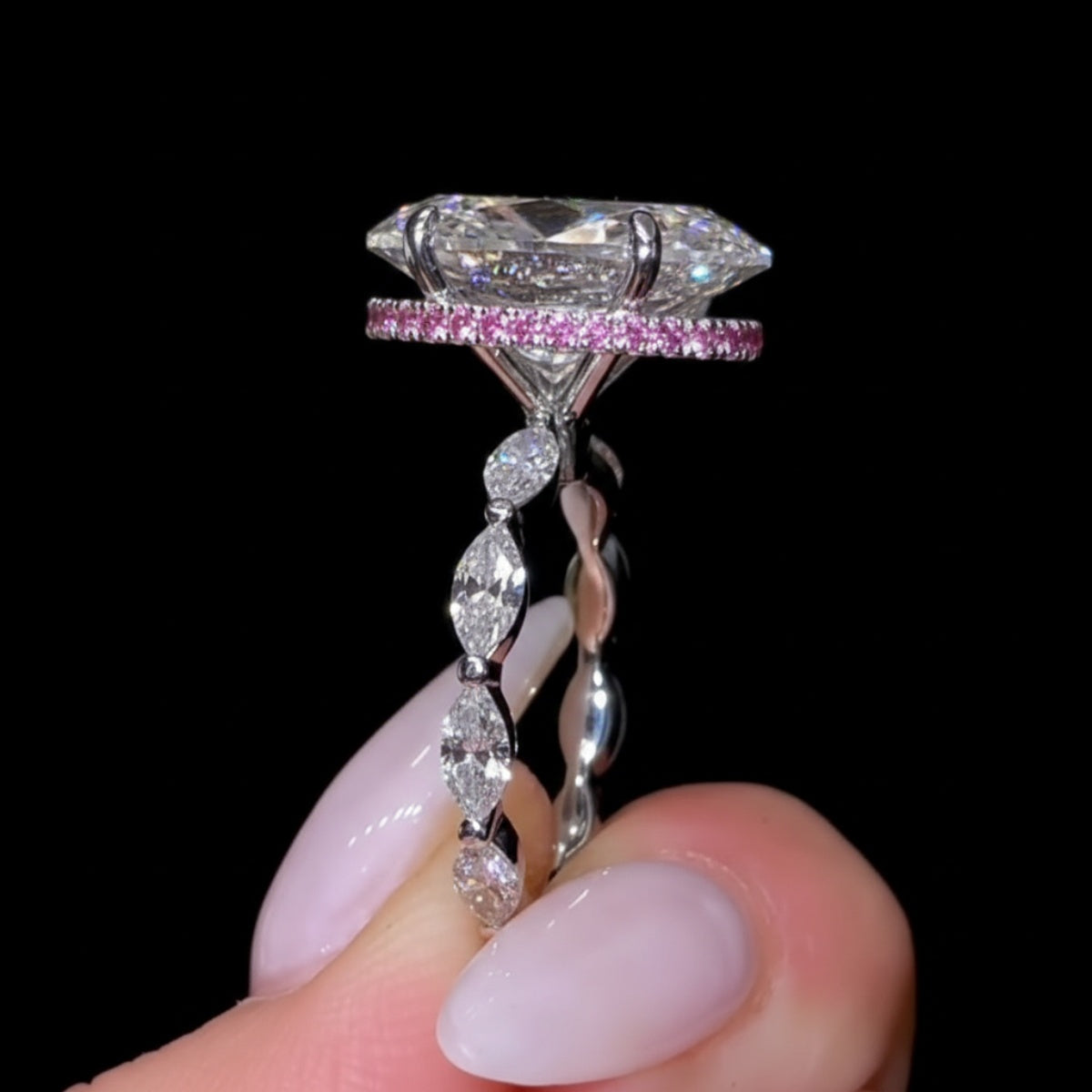 Breathtaking 5.5ct Oval Cut Marquise Bubble Band & Pink Halo Engagement Ring In Sterling Silver