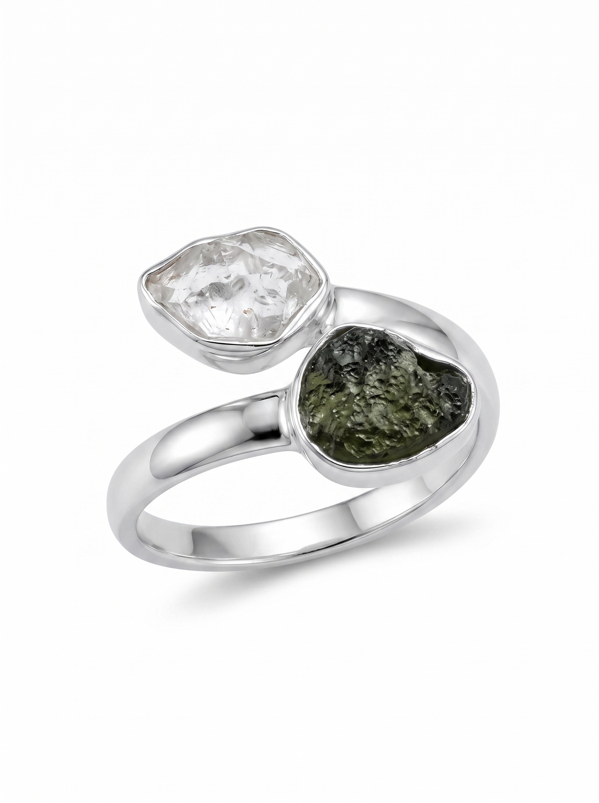 Czech Republic Moldavite Ring , Herkimer Diamond Ring, Natural Gemstone 925 Solid Sterling Silver Handmade Jewelry Ring, Gift For Her