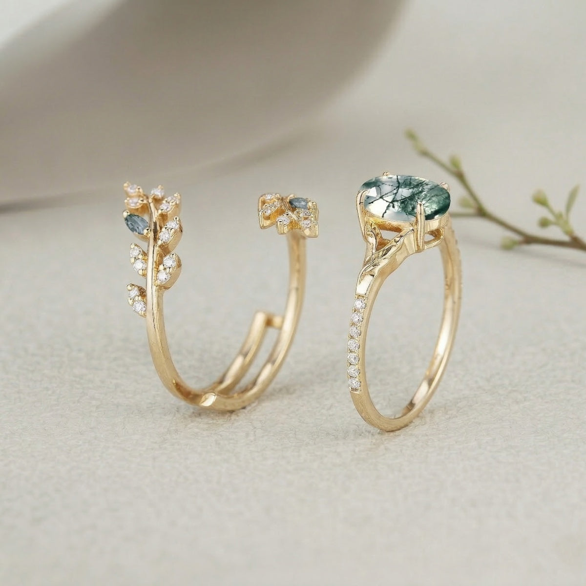 Vintage Moss Agate 1.5ct Oval Cut Engagement Ring Set | Nature-Inspired Branch & Leaf Band