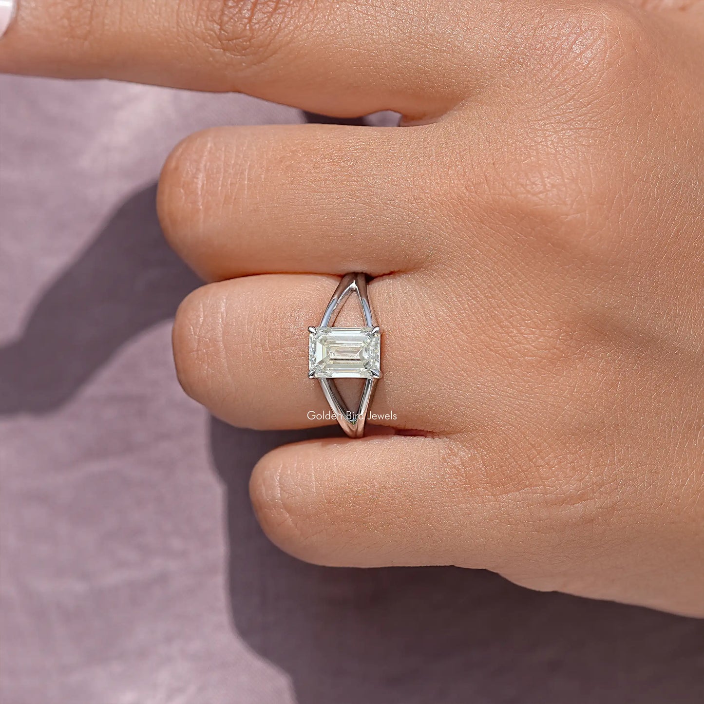 Emerald Cut Moissanite Split Shank Ring