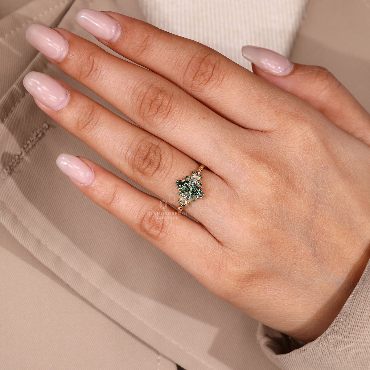 Vintage Green Marquise Engagement Ring with Cluster Setting