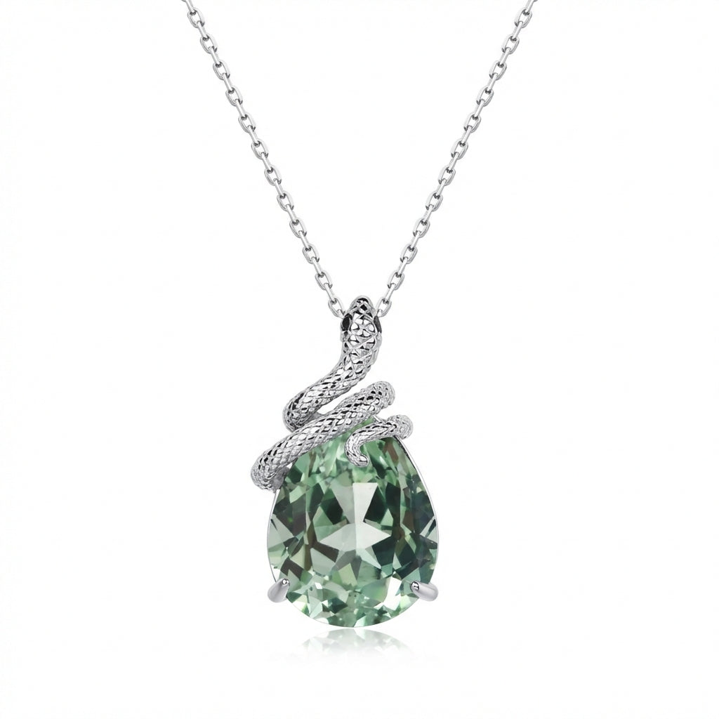 Pear Cut Lab Green Sapphire Mystical Serpent Carved Nature Inspired Necklace - Serpens