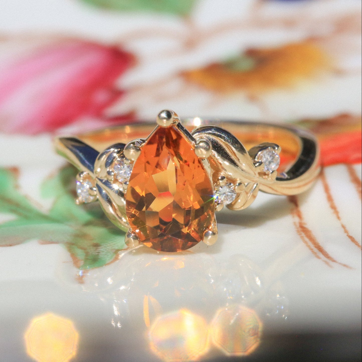 "Gladys" - Pear Cut Citrine Engagement Ring With Diamond Accents On A Floral-Style Band
