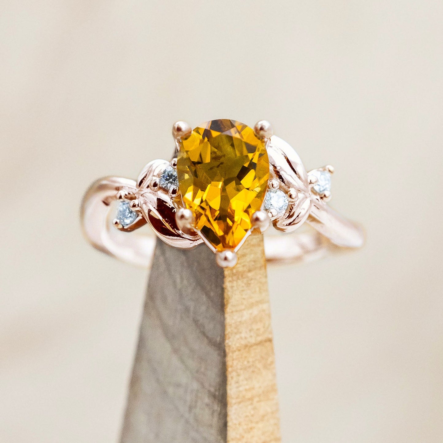"Gladys" - Pear Cut Citrine Engagement Ring With Diamond Accents On A Floral-Style Band
