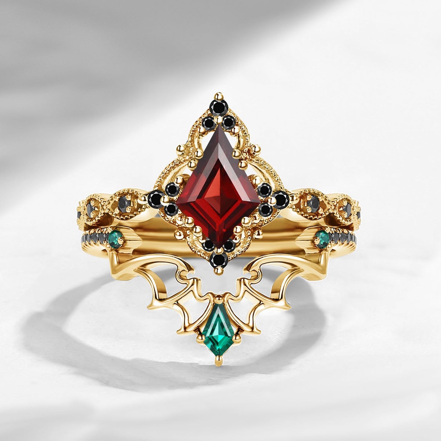 Gothic Bat Inspired Kite Cut Garnet Vintage Engagement Ring Set 2pcs