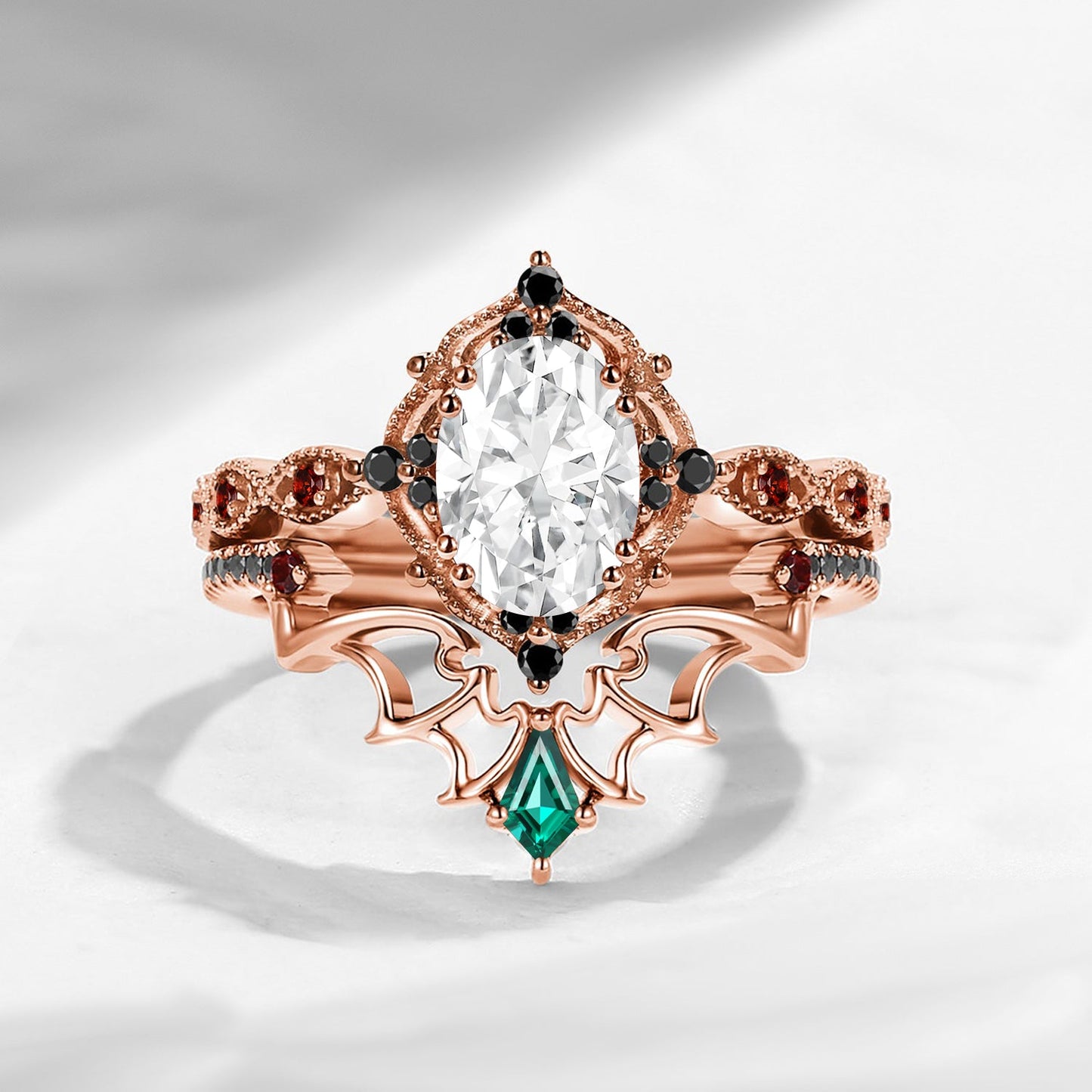 Gothic Bat Inspired Vintage Oval Cut Moissanite Engagement Ring Set 2pcs