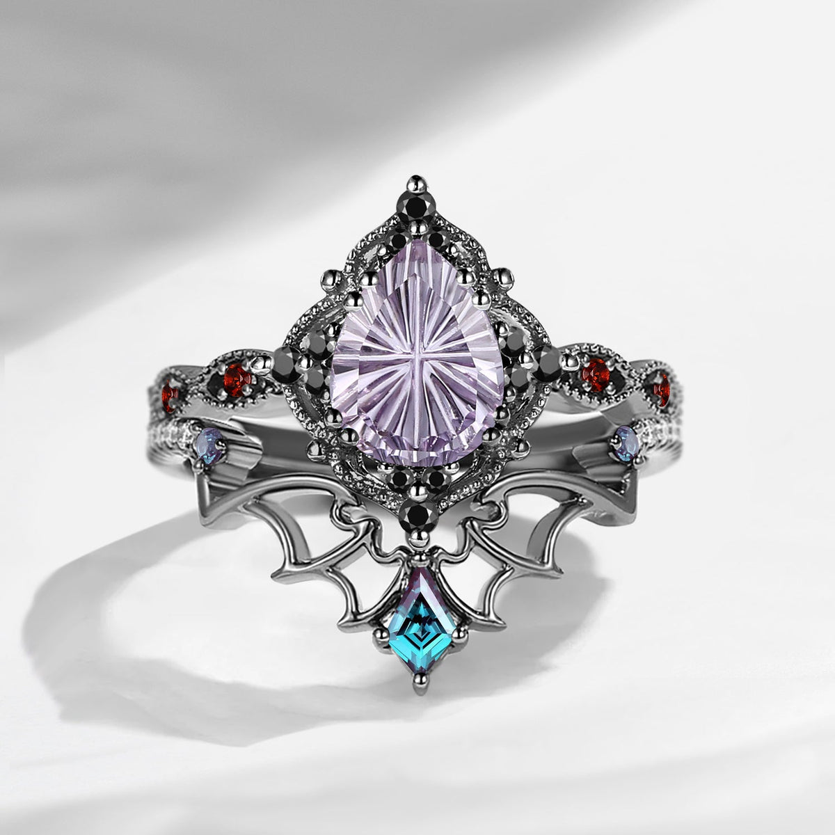 Gothic Fantasy Cut Pear Shaped Amethyst 'Dark Romance' Black Gold Engagement Ring Set