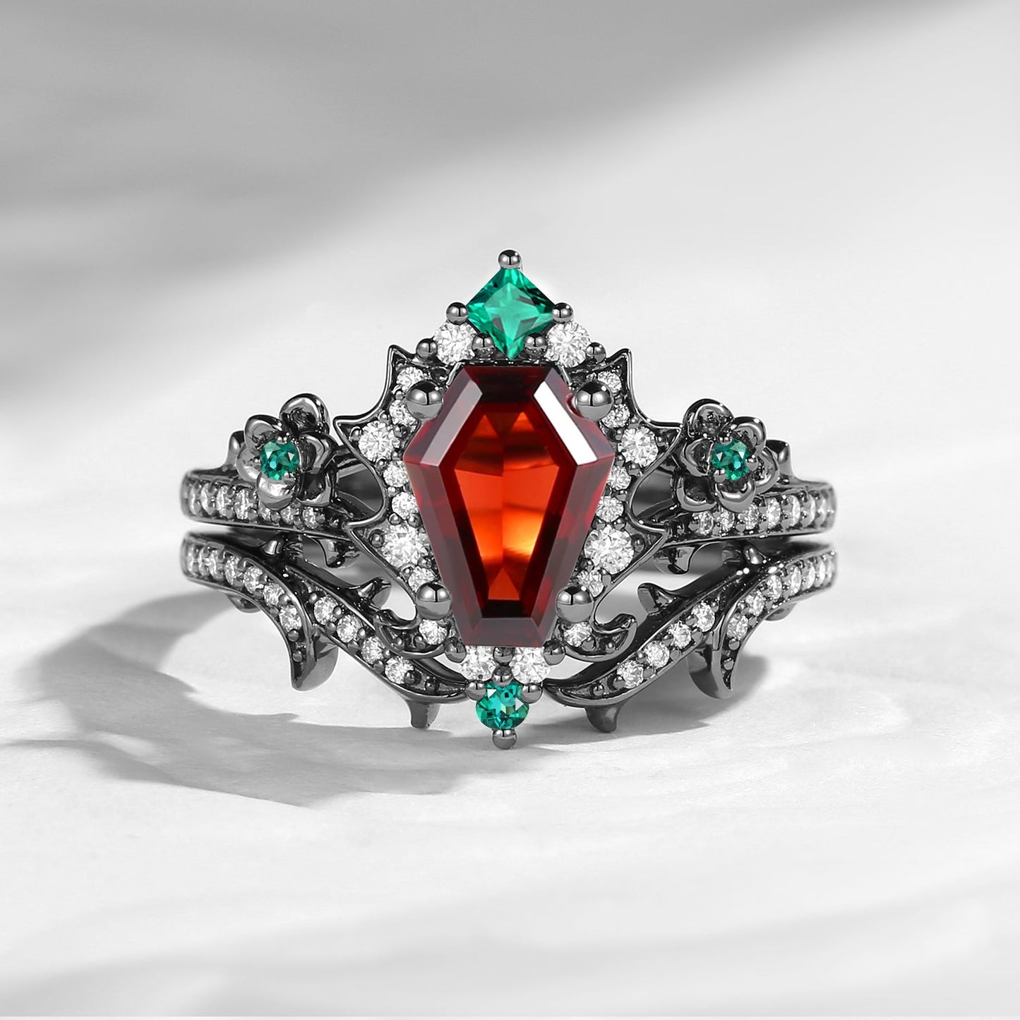 Gothic Coffin Garnet & Lab Emerald Garden Of Eden Black Gold Engagement Ring Set 2pcs- 'Thorns & Roses'