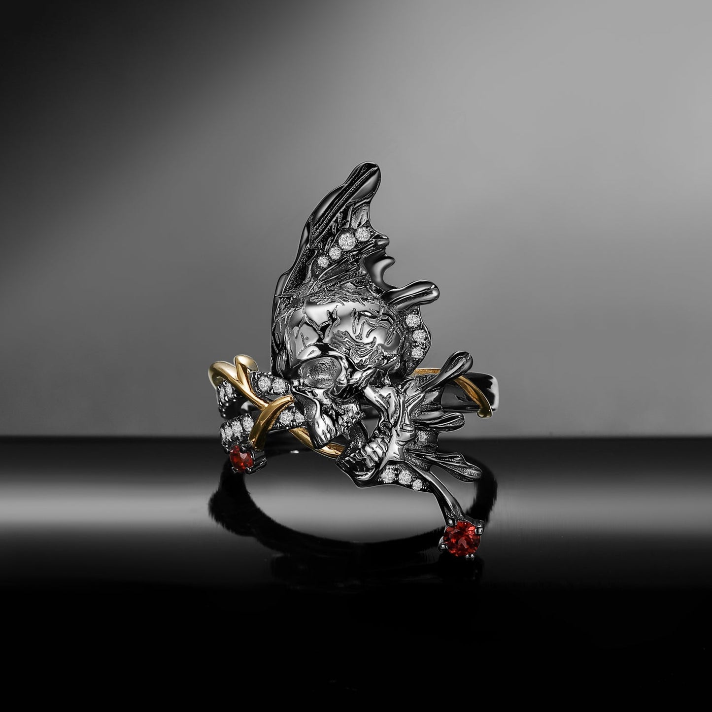 Gothic Inspired Unique Skull & Skeleton Butterfly Moissanite Two-Tone Halloween Engagement Ring