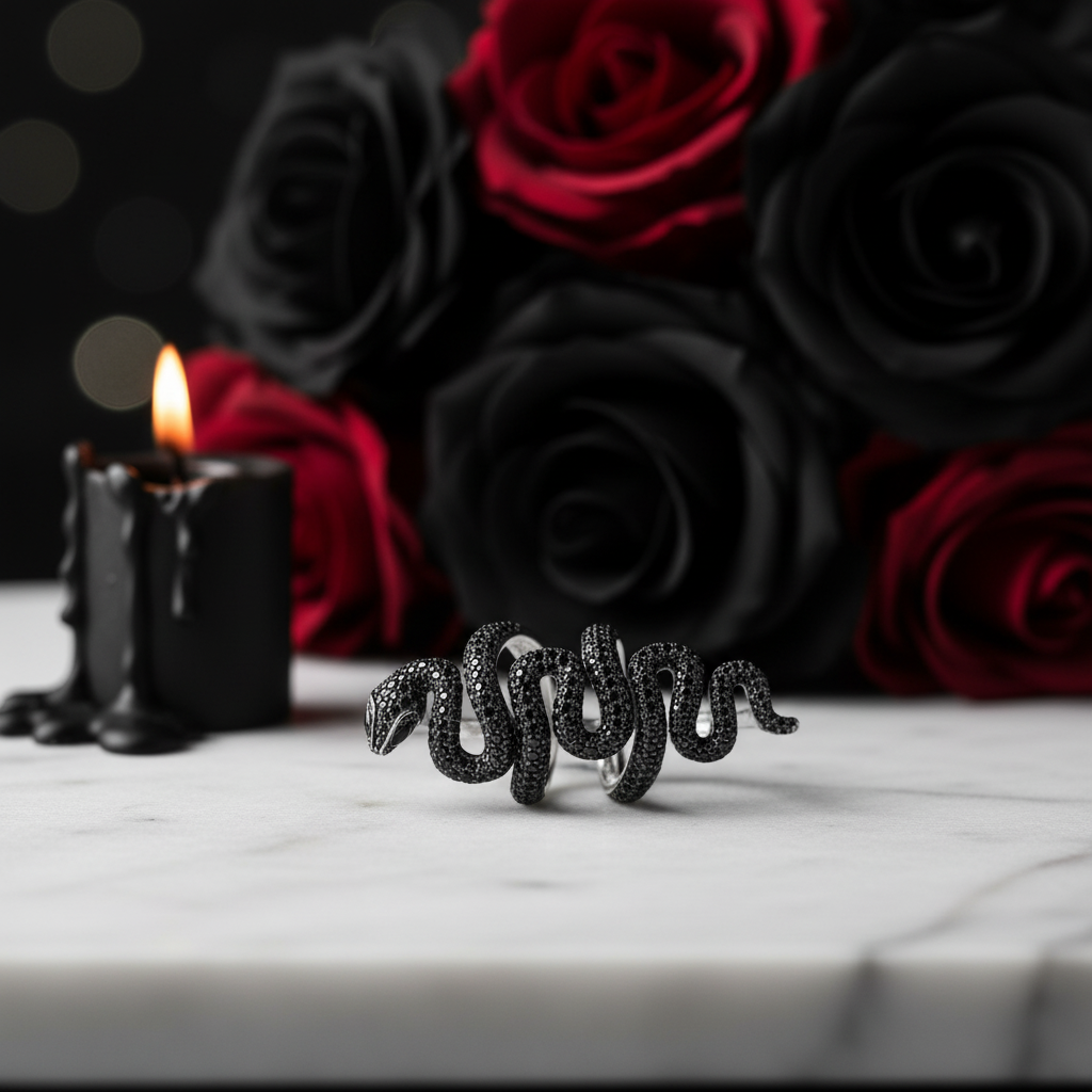Gothic Serpent Wrap Black Diamond Option Adjustable Statement Ring