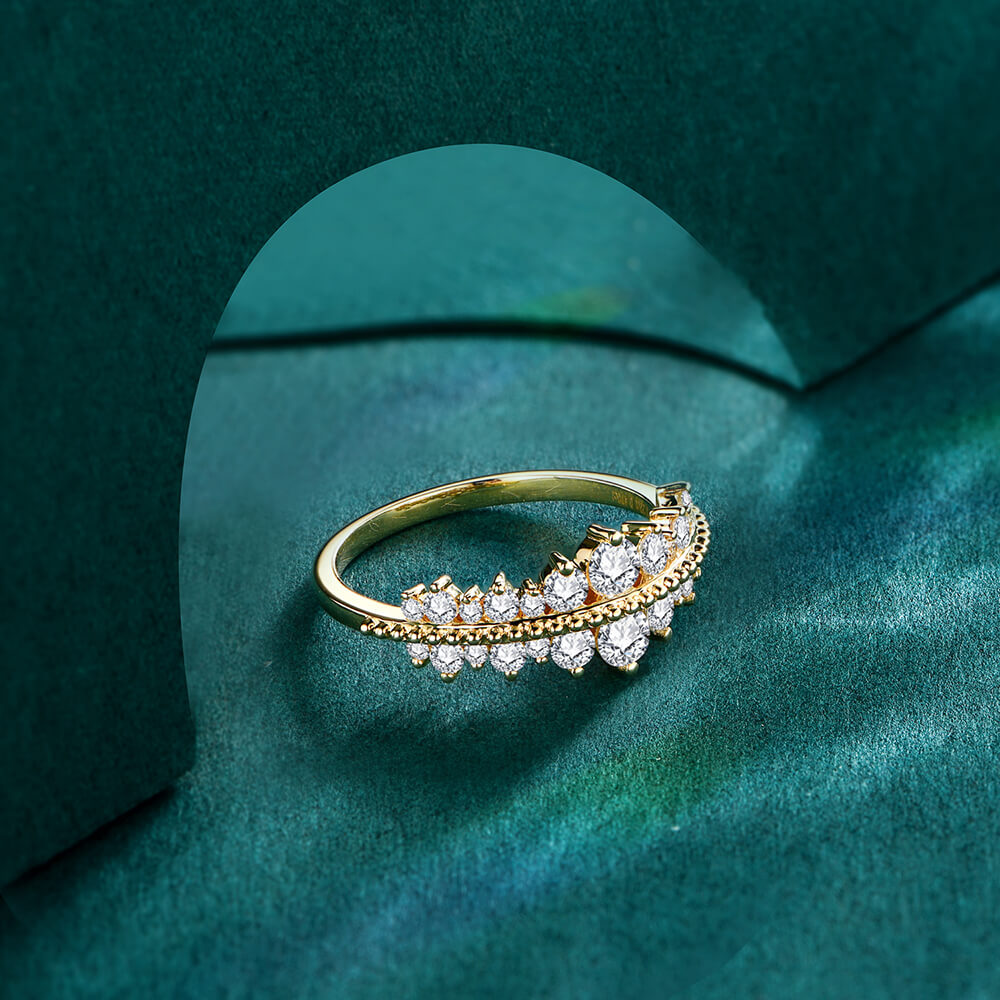 Graduated Round Moissanite Milgrain Half Eternity Wedding Band Ring