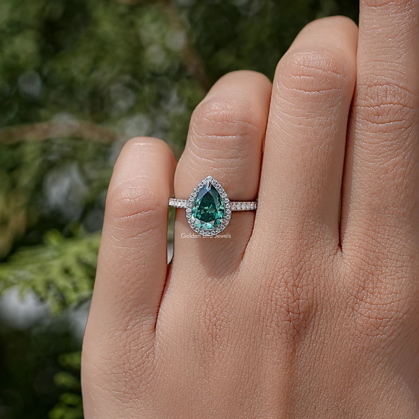 Green Pear Moissanite Halo Accent Wedding Ring