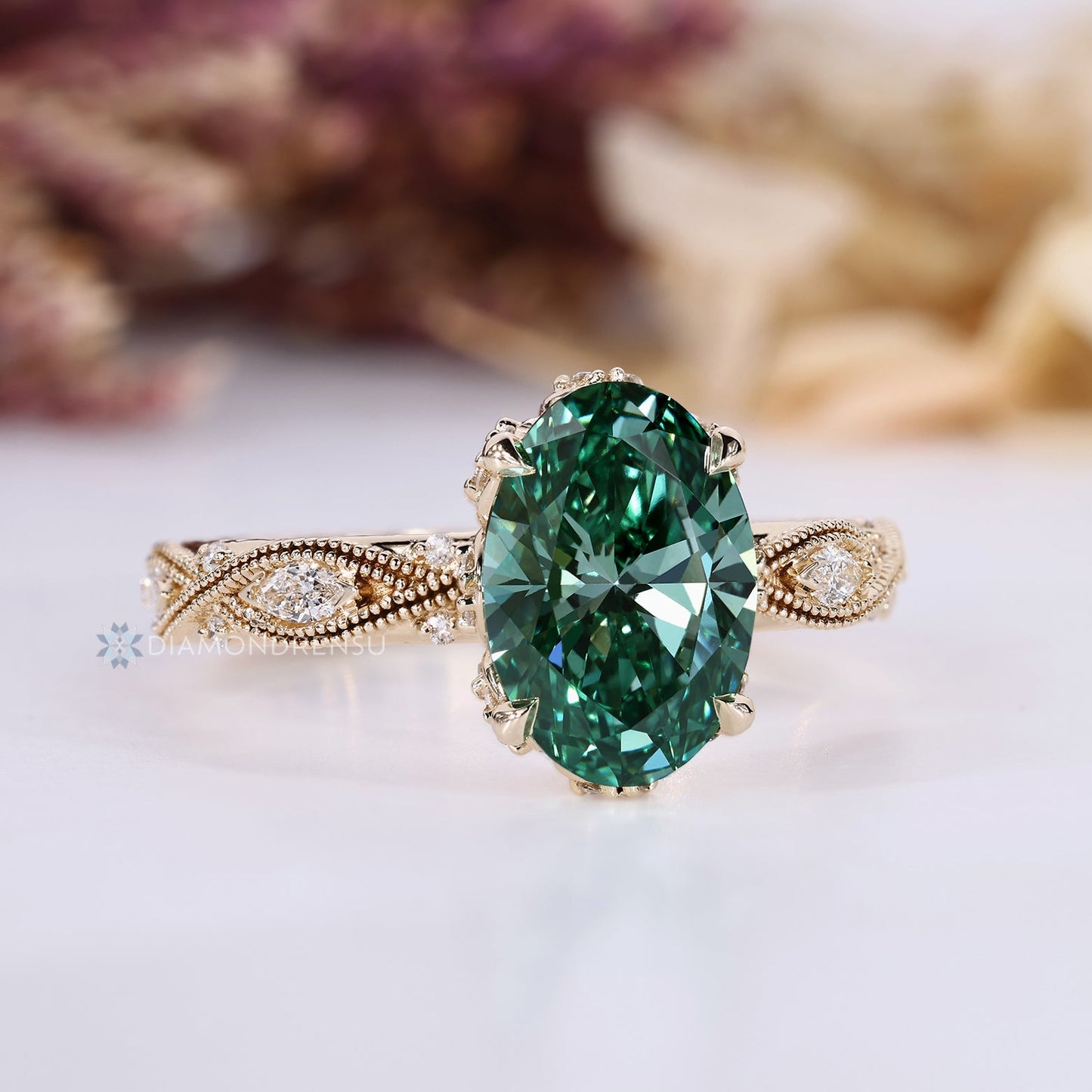 Green Oval Cut Diamond Ring with Marquise Outline Round Side Stones