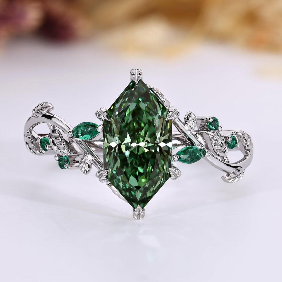 Green Dutch Marquise Diamond Ring in Nature Inspired Style