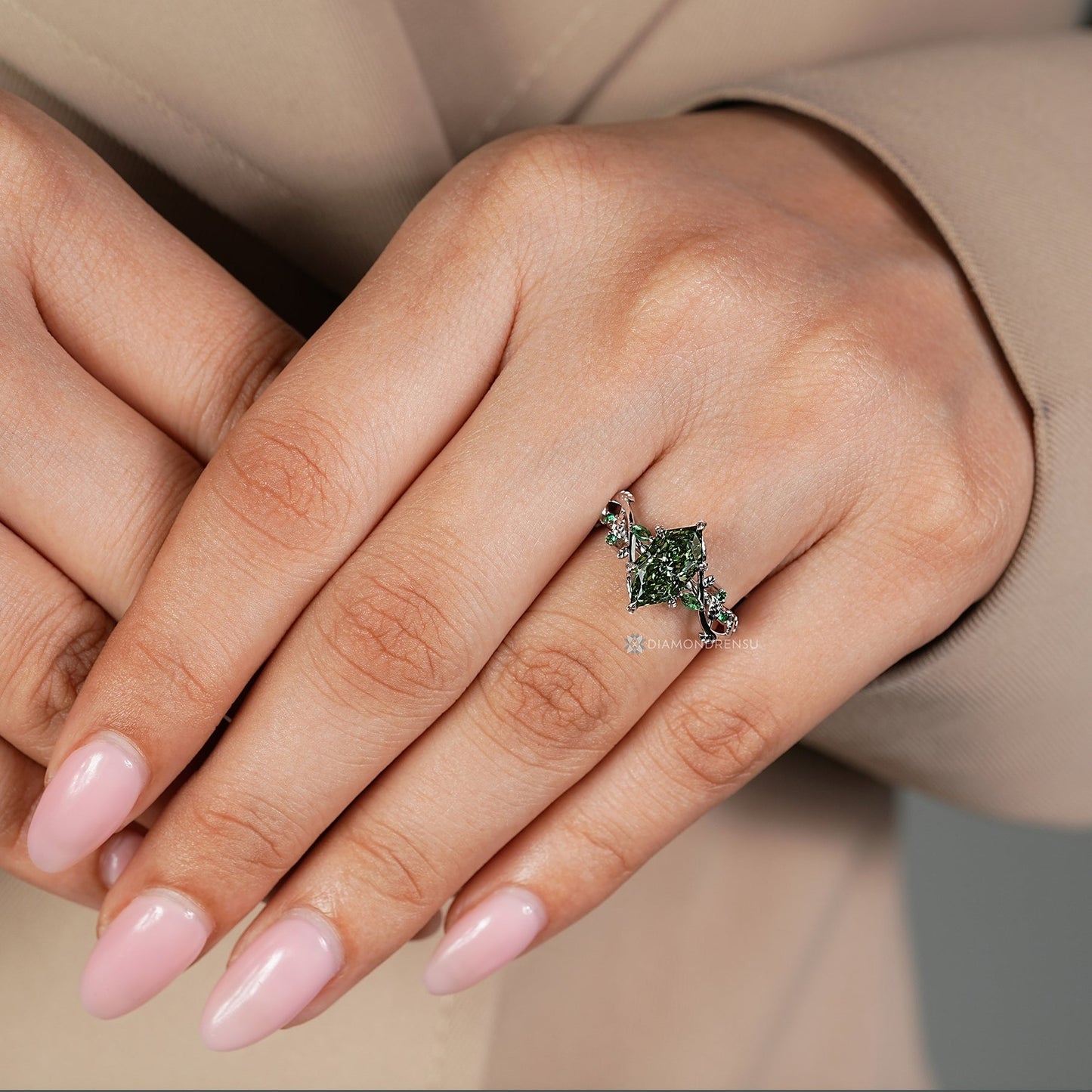 Green Dutch Marquise Diamond Ring in Nature Inspired Style