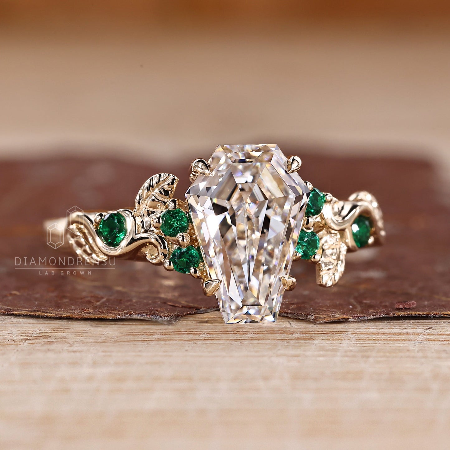 Coffin Cut Engagement Ring with Green Emerald Round Side Stones