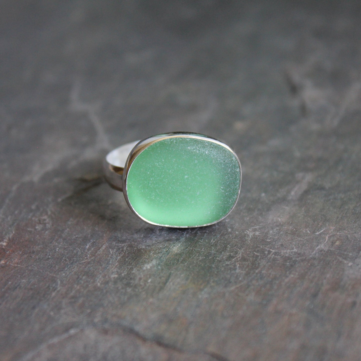 Huge Green Sea Glass Statement Ring • Handmade • Sterling Silver • Beach Glass Jewelry • Size 11.5