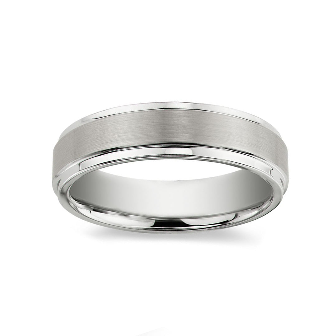 Grey Brushed and Polished Step Wedding Band Ring In Sterling Silver For Men