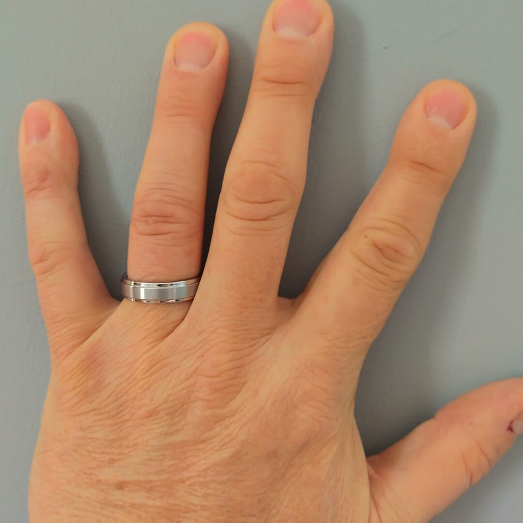 Grey Brushed and Polished Step Wedding Band Ring In Sterling Silver For Men
