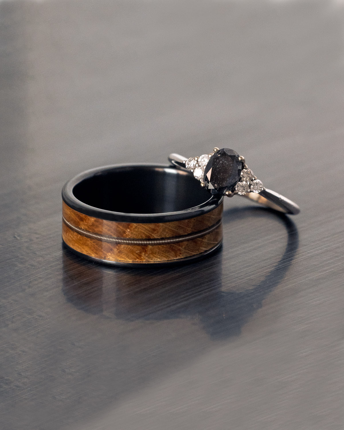 "Rhea" - Oval Cut Salt & Pepper Diamond Engagement Ring With Diamond Accents