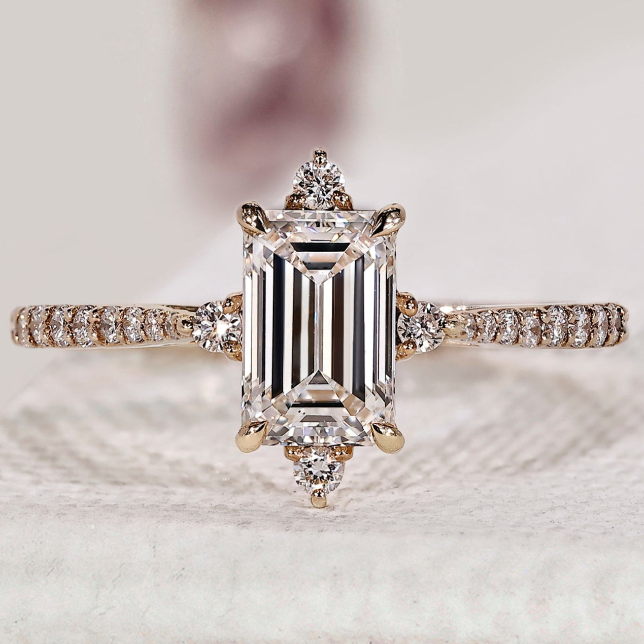 Emerald Diamond Engagement Ring With Tapered Pave Setting