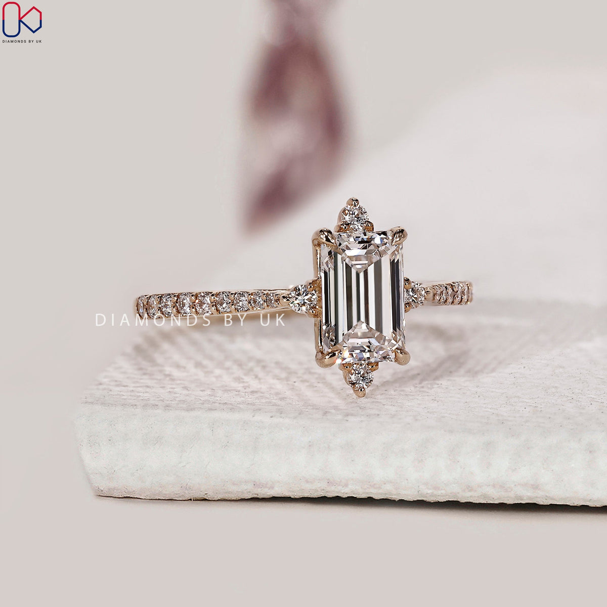 Emerald Diamond Engagement Ring With Tapered Pave Setting