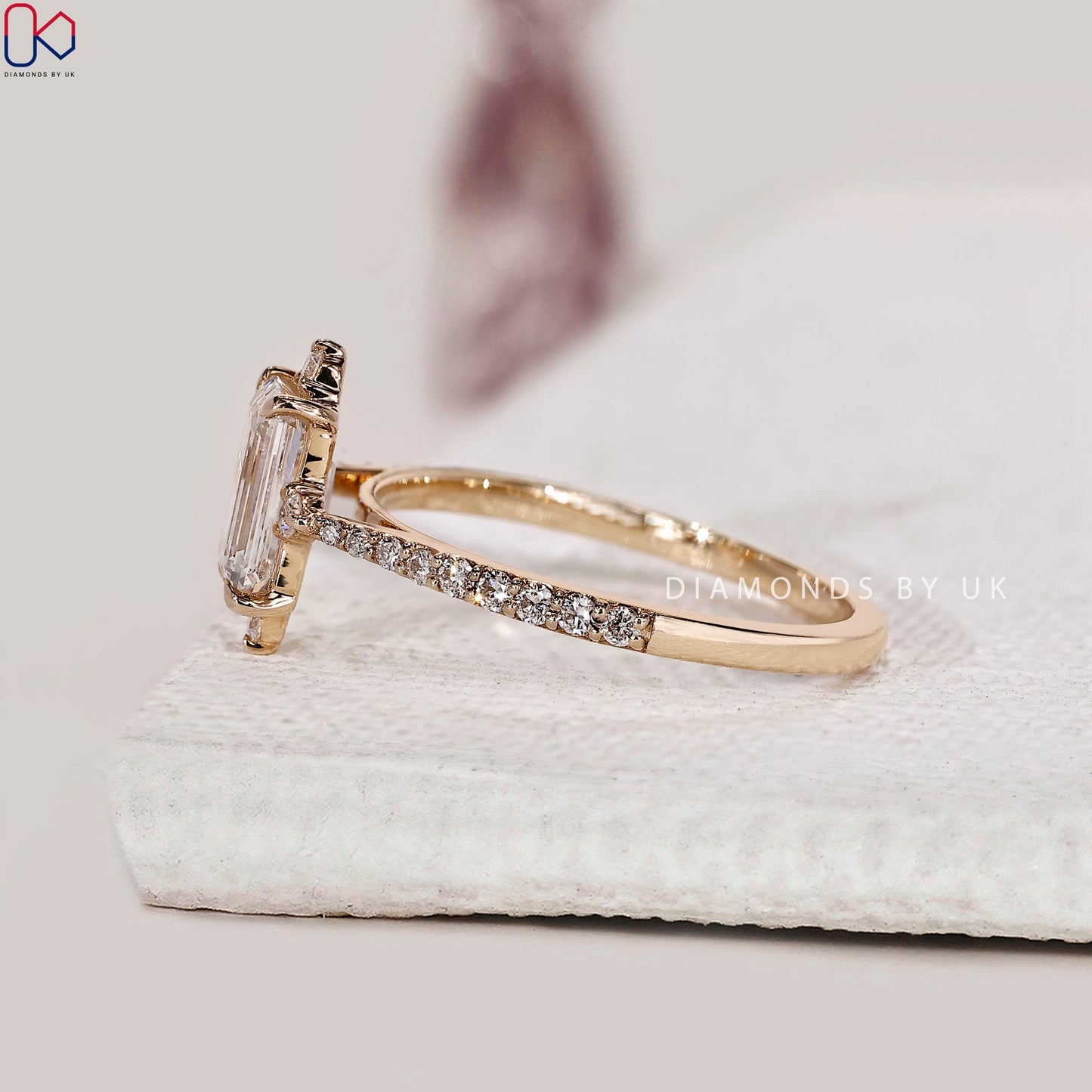 Emerald Diamond Engagement Ring With Tapered Pave Setting
